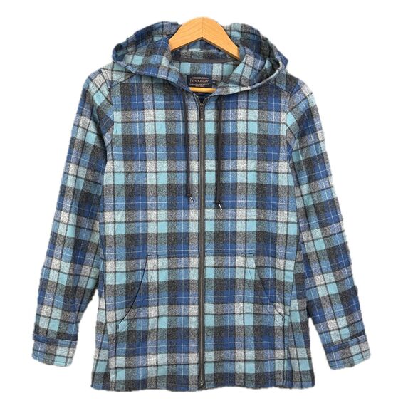 Pendleton Plaid Full Zip Hooded Jacket 100 Virgin Wool Blue Gray Womens XS - Picture 1 of 6